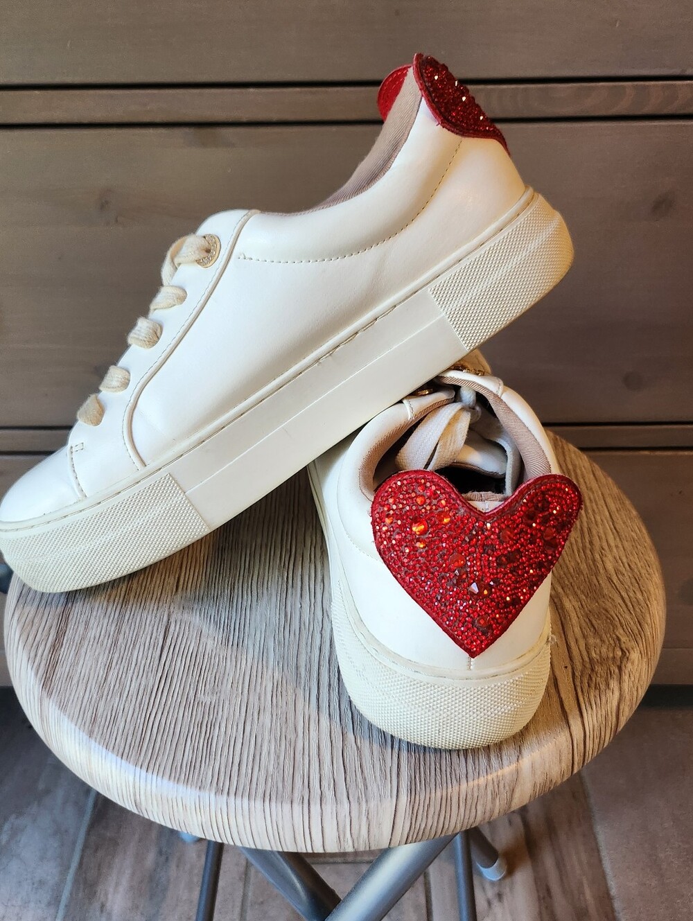 Betsey Johnson white trainers with red rhinestone hearts size 8M